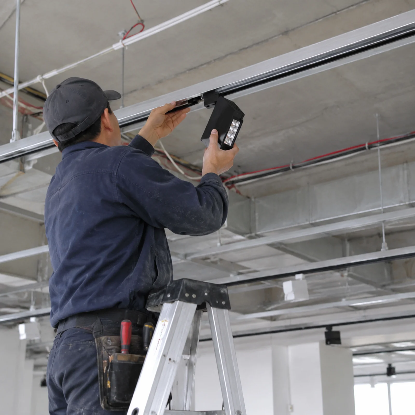 How to install LED track light Technician preparing to install LED track light heads on an architectural ceiling rail